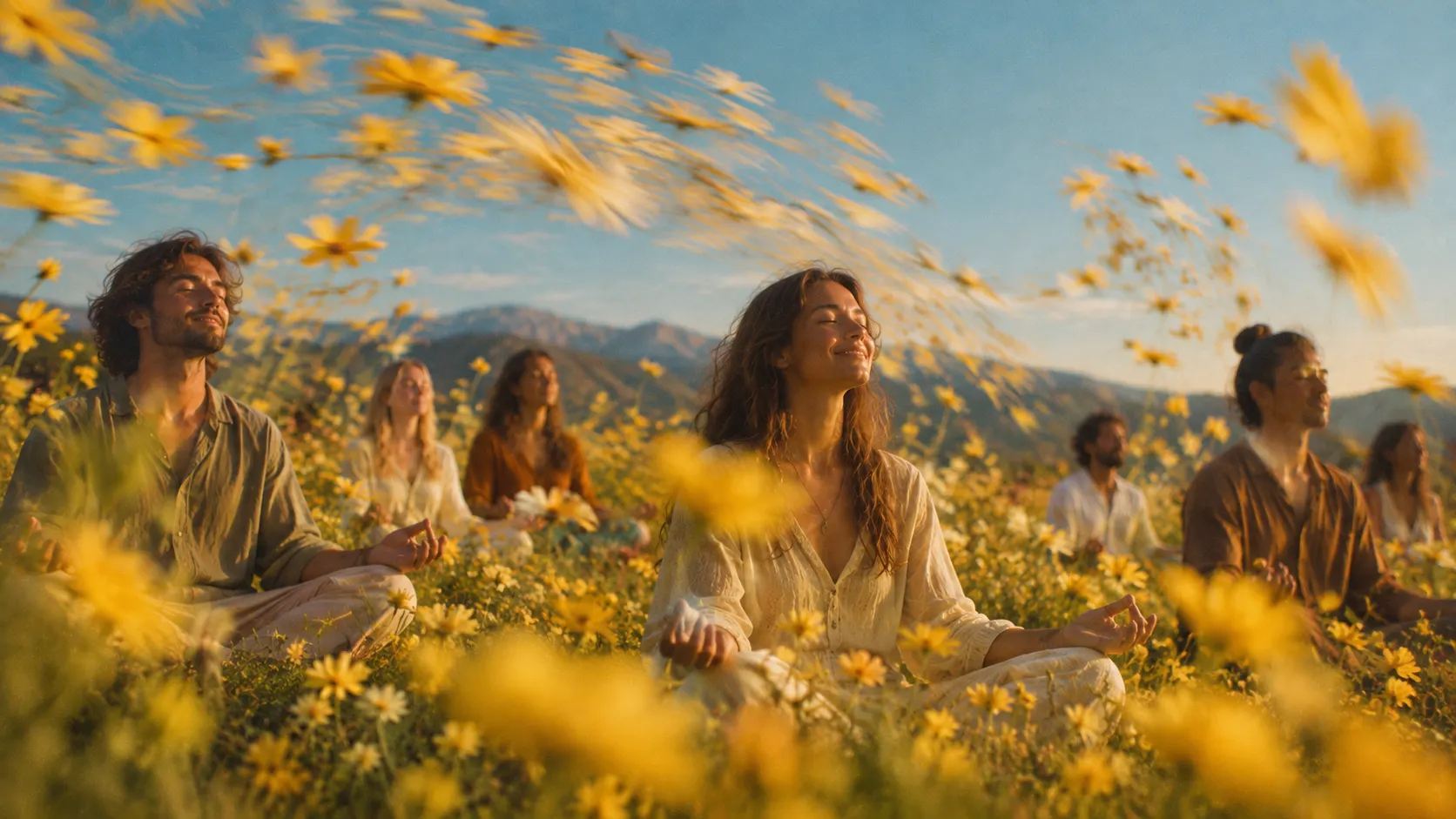 people sitting in meditation with eyes closed in a field of yellow daisies, mountains behind them