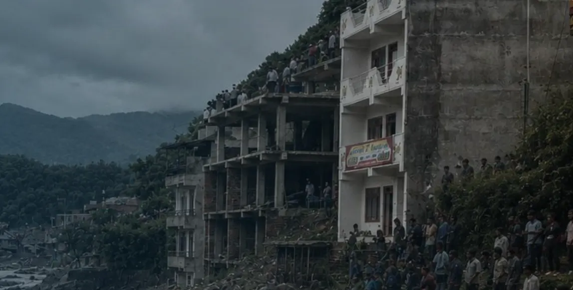 a river valley in Nepal after the floods, people gathered along the bank beside damaged buildings